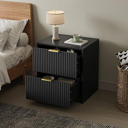 Set of 2 Fluted Nightstand with 2 Drawers, Modern Storage Bedside Table with Golden Metal Handles, Wooden End Table for Bedroom, Black