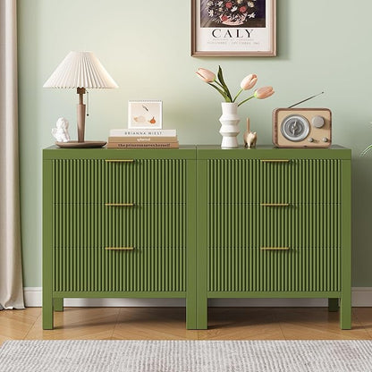 End Table with Storage, Wooden Farmhouse Nightstands with 3 Drawers, Bedside Table - Boho Tall Side Table Accent for Bedroom, Living Room, Green