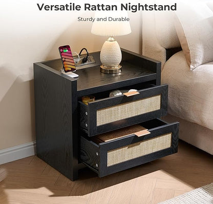 SICOTAS Night Stand Bedside Table - Rattan Nightstand End Table with Type-C Charging Station, 2 Drawers Storage Boho Night Stands for Bedroom - Black Oak
