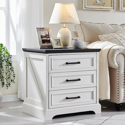 ACCOHOHO Farmhouse Nightstand with Charging Station, 22 Inch Wide End Table with 3 Large Drawers & Bar Handles, Rustic Wood Small Dresser Chest of Drawers for Bedroom, Living Room, Closet, Off White