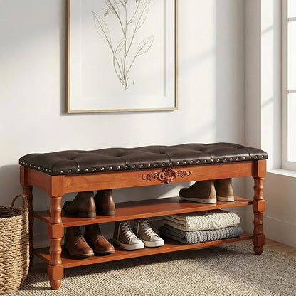 39-inch End of Bed Bench, Faux Leather Tufted Storage Bench with Lift Top Seat and 2 Tier Storage Shelves, Bedroom Bench Footrest Stool with Hidden Storage and Wood Leg, Vintage Style