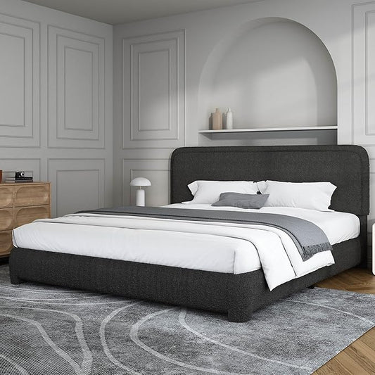 BarnFurin Boucle Upholstered California King Bed Frame/Soft Rounded Corners Headboard/Low Profile Bed Frame/No Box Spring Needed/Black