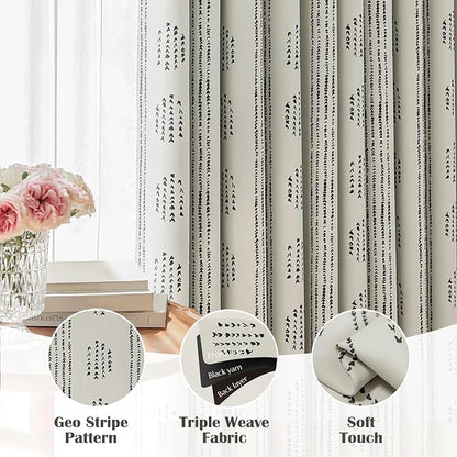 100% Boho Blackout Curtains 72 Inches Long for Bedroom, Black on Beige Patterned Bohemian Curtains for Living Room, Geometric Striped Thermal Insulated Window Drapes Gromment Top 2 Panels