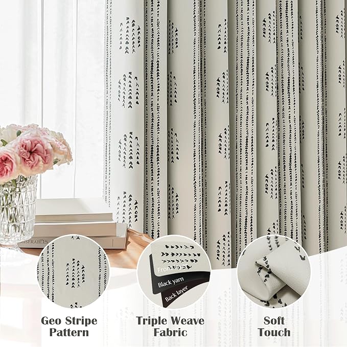 100% Boho Blackout Curtains 63 Inches Long for Bedroom, Black on Beige Patterned Bohemian Curtains for Living Room, Geometric Striped Thermal Insulated Window Drapes Gromment Top 2 Panels