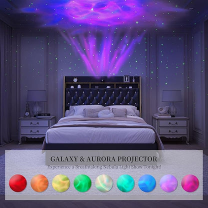Queen LED Bed Frame with 2 Storage Drawers, PU Upholstered Platform Beds with Galaxy Star Projector Charging Station Speaker, Aurora Bedframe with 2-Tier Storage Headboard, Noise-Free, Black