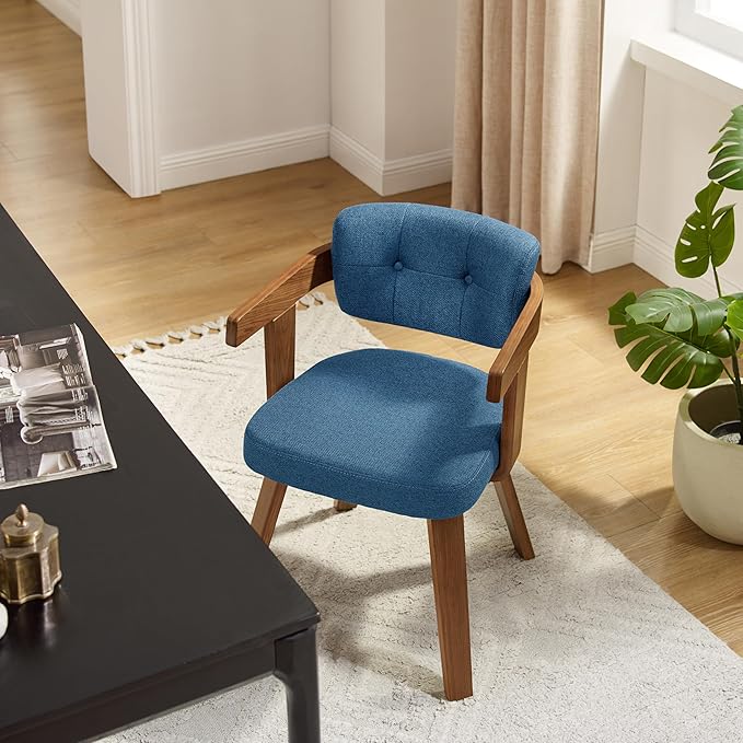 Art Leon Office Chair No Wheels - Mid Century Modern Desk Chair Fabric Upholstered Swivel Dining Chairs with Wood Legs for Small Spaces Home Office Living Room Bedroom Study, Blue/Walnut