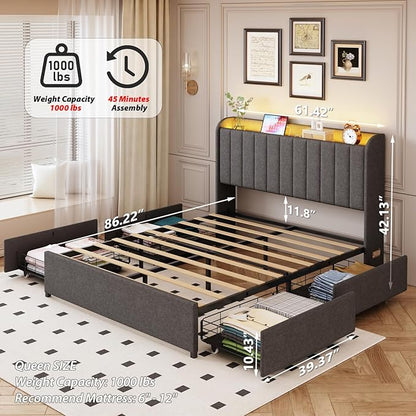 Queen Bed Frame with 4 Drawers and Storage Headboard, Upholstered Platform Bed Frame Queen Size with Led Lights and Handy Charging Station, No Box Spring Needed, Easy Assembly, Noise Free, Gray