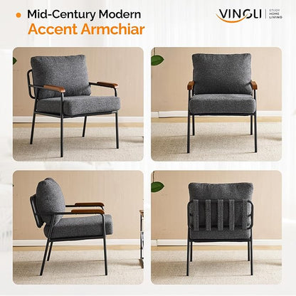 VINGLI Mid-Century Modern Accent Armchiars Set of 2 for Small Space, Small Comfy Upholstered Leisure Reading Chairs with Wood Armrests for Bedroom, Living Room, Waiting Room, Linen Grey