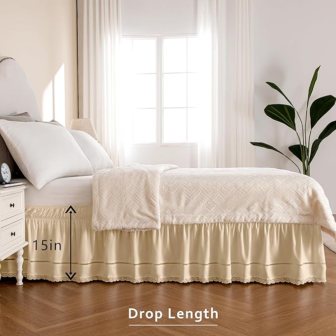 MIYE Wrap Around Ruffled Lace Bed Skirt, Elastic Dust Ruffle with Adjustable Belts, Easy to Put On, Bed Frame Cover, Machine Washable (Floral Lace/Light Beige, King/Queen-15 Drop)