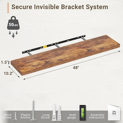 Vivelove 10 Inch Deep Floating Shelves 48 inch Long, 47.2 x 10 Wide Wall Shelves with Invisible Brackets, for Bedroom Bathroom Living Room Kitchen Office, Farmhouse Home Decor, Set of 2, Rustic Brown