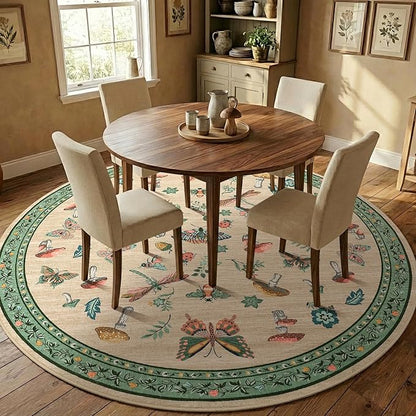 Mushroom Insect 5ft Round Rug Washable Non-Slip Soft Ultra-Thin Small Boho Circle Carpet for Entryway Kitchen Bedroom Nursery Dining Room Khaki Green