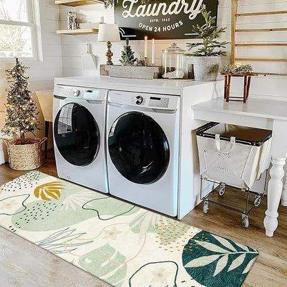 Lahome Green Runner Rugs for Hallway 2x8 Non-Slip Washable Kitchen Rugs Lightweight Low-Pile Throw Laundry Runner Rug, Boho Botanical Print Soft Indoor Carpet Runner for Entryway Bedroom Bathroom