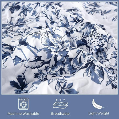 WONGS BEDDING Quilt Full Size, Blue Quilt Bedding Set with 2 Pillowcases, Botanical Quilt for Full Bed, Soft Microfiber Lightweight Coverlet Bedspread for All Season (78"×90", 3 Pieces)