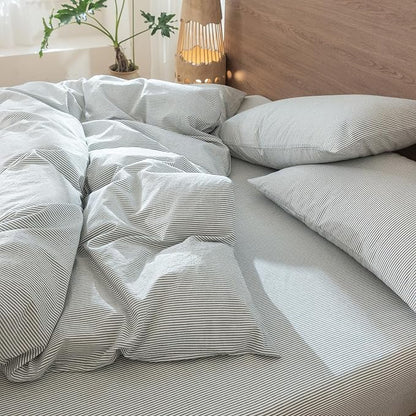 MooMee Striped Duvet Cover Set 100% Washed Cotton Linen Like Textured Breathable Durable Soft Comfy (Heathered Green Pinstripes, Palatial King/Oversized King 120"x98")