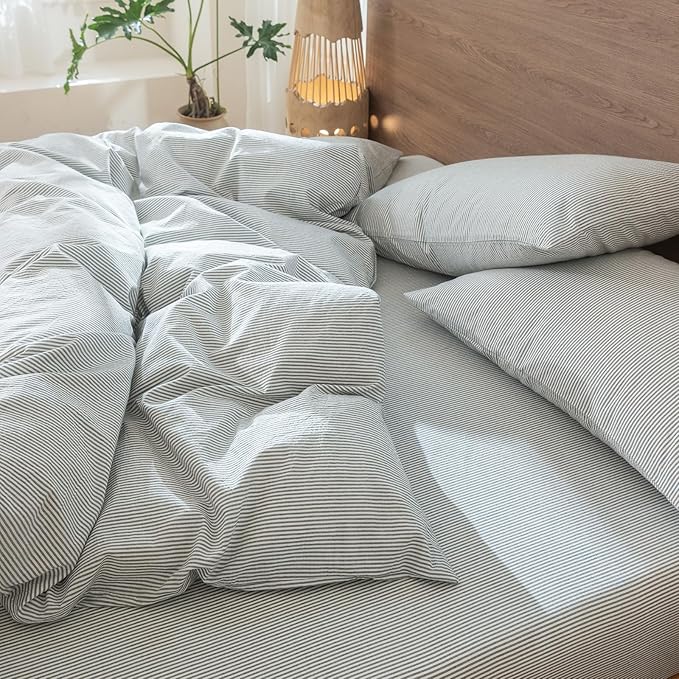MooMee Striped Duvet Cover Set 100% Washed Cotton Linen Like Textured Breathable Durable Soft Comfy (Heathered Green Pinstripes, Super King 108"x98")