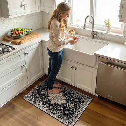 Area Rugs 2'x3' Washable Non-Slip, Floral Vintage Distress Print Pattern Medallion Carpet for Living Room Bedroom Dining Room, Black Brown Neutral Dark Tan