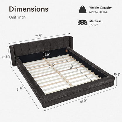 DEINPPA Queen Size Bed Frame with Cloud Soft Headboard, Chenille Upholstered Grounded Wood Base Bed Frame, No Box Spring Needed-Dark Grey