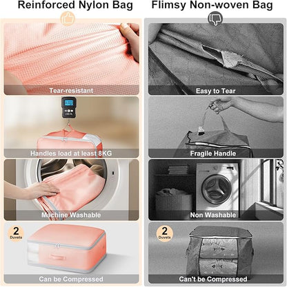 Comforter Storage Bag - Large Capacity Blanket Storage Bags 3-Layer Ultra Space Saving Self Compression Organizer, Washable Compression Bags for Storage Comforter Blanket, 4-Pack, Pink