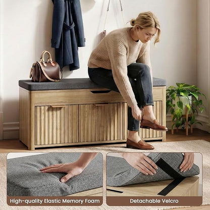Shoe Bench with Storage - Lift Top Entryway Bench with Hidden Storage, Shoe Rack with Adjustable Shelves and Cushioned Seat, Wooden End of Bed Bench for Bedroom, Living Room and Hallway,Nature