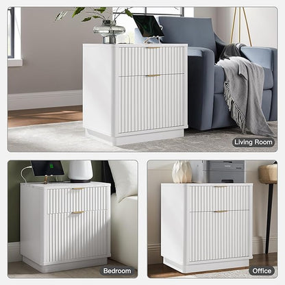 T4TREAM 23'' Fluted Nightstand Set of 2 with Charging Station, Large 2 Drawer Bedside Table, Modern End Table with Storage, Mid Century Night Stand for Bedroom Living Room, Curved Profile, Solid White