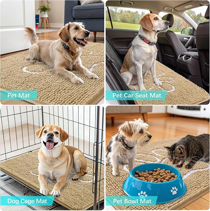 OLANLY Dog Door Mat for Muddy Paws 47x24, Paw Print Design, Absorbs Moisture and Dirt, Absorbent Non-Slip Washable Doormat, Quick Dry Chenille Mud Mat for Dogs, Entry Indoor Entryway Carpet, Beige