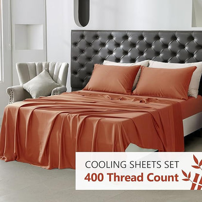 Linen World Queen Size 400TC Cooling Bed Sheet Set - 100% Organically Grown Viscose Sheets, Silky Soft & Breathable, Deep Pocket Fits Up to 16", 4-Piece Sheets with Pillowcases,Caremel