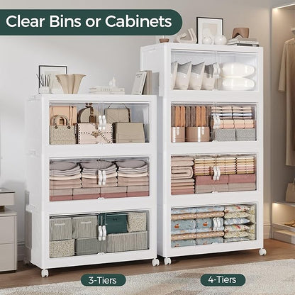 120Gal Stackable Storage Bins with Lid, 480Qt Extra Large Collapsible Storage Box with Doors and Wheels, Plastic Closet Organizer and Storage Cabinet Drawer for Home Kitchen, 4Pack White