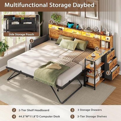VIAGDO Daybed Twin with Pop Up Trundle, Farmhouse Wooden Day Bed Frame with 3 Storage Drawers and Shelves, Twin to King Daybed with Charging Station and LED Lights for Bedroom, Rustic Brown