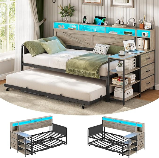 VIAGDO Daybed Twin with Pop Up Trundle, Farmhouse Wooden Day Bed Frame with 3 Storage Drawers and Shelves, Twin to King Daybed with Charging Station and LED Lights for Bedroom, Guest Room, Grey