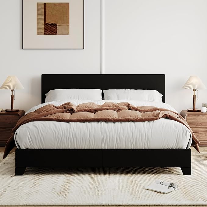 Allewie Queen Bed Frame with Adjustable Headboard, Faux Leather Platform Bed with Wood Slats, Heavy Duty Mattress Foundation, No Box Spring Needed, Noise-Free, Easy Assembly, Black