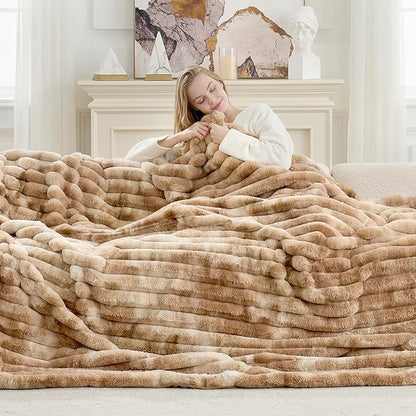 Cozy Bliss Faux Fur Throw Blanket for Couch, Cozy Warm Plush Striped Blanket for Sofa Bedroom Living Room, 108 * 90 Inches Tie-dye Khaki