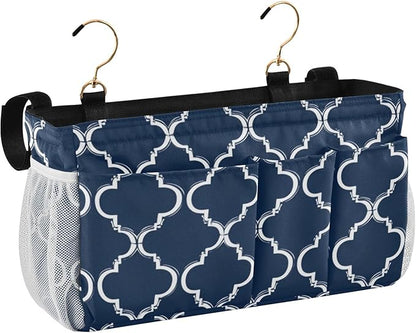 Bedside Caddy Hanging Bunk Bed Caddy Bed Organizer Hanging Pocket with 2 Hooks Bedside Storage Organizer Pocket Bag Holder Navy Blue Geometric Quatrefoil