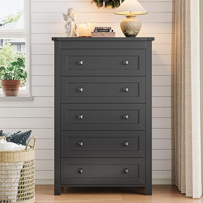 Dresser for Bedroom with 5 Drawers, Tall Wood Chest of Drawers, Modern Farmhouse Closet Clothes Organizer, Storage Tower Cabinet with Metal Handles for Hallway, Living Room, Entryway, Black
