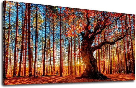Yearainn Large Canvas Wall Art Forest Sunset Canvas Pictures Red Leaf Trees Landscape Contemporary Nature Picture for Living Room Bedroom Home Office Wall Decor Framed Ready to Hang 24" x 48"