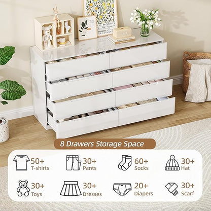 White Wood Dresser, 8 Drawer Dressers for Clothes Storage for Bedroom, Modern Dresser with Wide Drawers, Wide Wooden Chest Drawers for Living Room, Entryway, TV Stand
