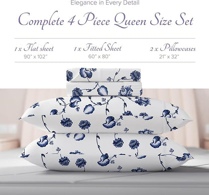Carressa Linen Luxury Egyptian Cotton Queen Printed Sheet Set - 600 Thread Count Extra Long Staple 4 PC Set, Blossom Azure Queen Printed Sheets, Soft, Cooling Sheets Upto 18 in Deep Pocket