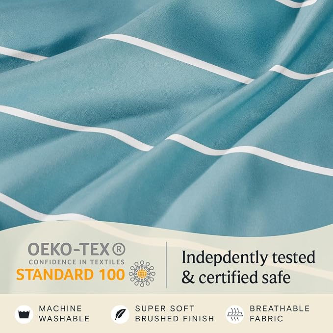 LuxClub 4 PC Queen Sheet Set, Deep Pockets Wrinkle Free Cooling Bed Sheets Hotel Bedding for Women, Men, Includes 1 Fitted Sheet, 1 Flat Sheet and 2 Pillowcases-Striped - Light Blue
