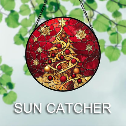 Stained Glass Window Hanging 4 Pcs Set Red Christmas Elk Snowflakes Large 15" - Deer Suncatcher Door Garden Sun Catcher Decor Birthday for Mom Woman Nana Men Friend