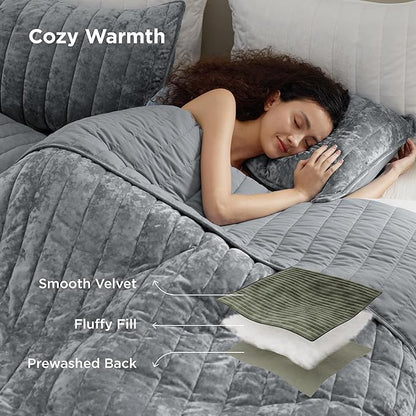 Bedsure Velvet Quilt King Size Set - 108"x96" Lightweight Velvet Comforter King Quilt, Oversized Luxury Bedspread Coverlet, Ultra-Soft Winter Bedding Set with 2 Pillow Shams, Sliver Gray