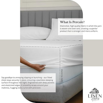 Linen Home 100% Cotton Percale Sheet Set, King Size, White, Deep Pocket, 6 Pieces Set - 1 Flat, 1 Deep Pocket Fitted Sheet and 4 Pillowcases, Crisp Cool and Strong Bed Linen