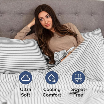 Twin XL 4 Piece Sheet Set - Cooling, Comfy & Breathable - Hotel Luxury Bedding Includes Fitted Sheet for Women, Men, Kids & Teens - 1 Flat, 1 Fitted Sheet, 2 Pillowcases w/Deep Pockets - Grey Stripes