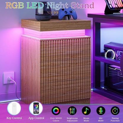Nightstand with Charging Station & LED Lights, Small Modern Fluted Bedside & End Table with 3 Drawers, Sliding Top & Hidden Storage, Wooden Farmhouse Night Stand for Bedroom Office Sofa, Natural Oak
