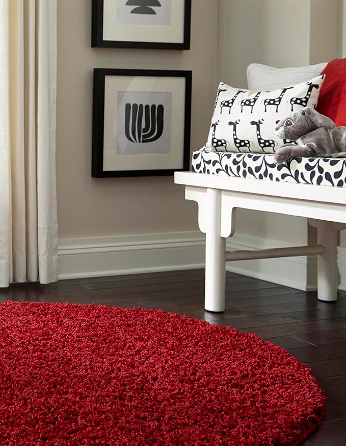 Unique Loom Solid Shag Collection Area Rug (3' 3" Round, Cherry Red)