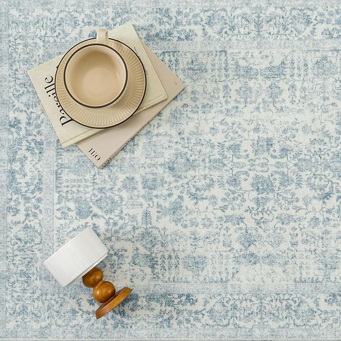 Blue Runner Rug 3x12 Hallway Machine Washable Kitchen Vintage Distressed Non Slip Long Carpet Indoor Retro Floral Bedroom Accent Throw Rug for Bathroom Office Laundry Dining Room
