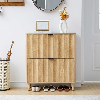 31.5” Fluted Shoe Cabinet Storage with 2 Flip Drawers,Narrow Freestanding Shoe Storage Organizer,Slim Shoe Rack Cabinet for Entryway,Hallway (Natural)