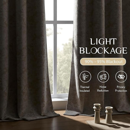 Beauoop Beige Floral Jacquard Blackout Curtains 90 Inches Long 2 Panels for Bedroom Living Room Chenille Flower Room Darkening Thermal Insulated Soundproof Rod Pocket Back Tab Window Drapes 52x90