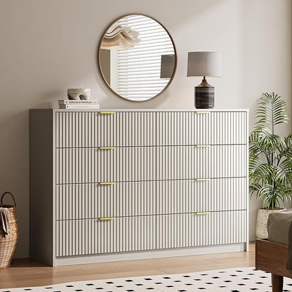 Beige Dresser for Bedroom, 8 Drawer Double Dresser, Modern Chest of Drawers for Bedroom, Living Room, Entryway and Closet, 55" L x 15.7" D x 37.4" H
