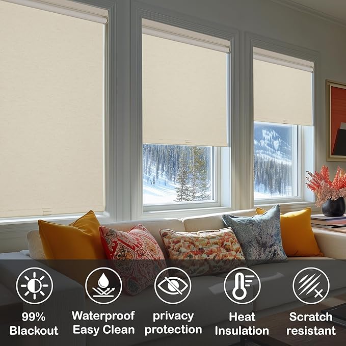 HESTIA No Drill Cordless Blackout Roller Shades Screwless Waterproof Shower Window Blinds, Auto-Retraction Easy Install Blind for Bedroom/Living Room/Kitchen, Cream Linen, 42.5" W x 54" H