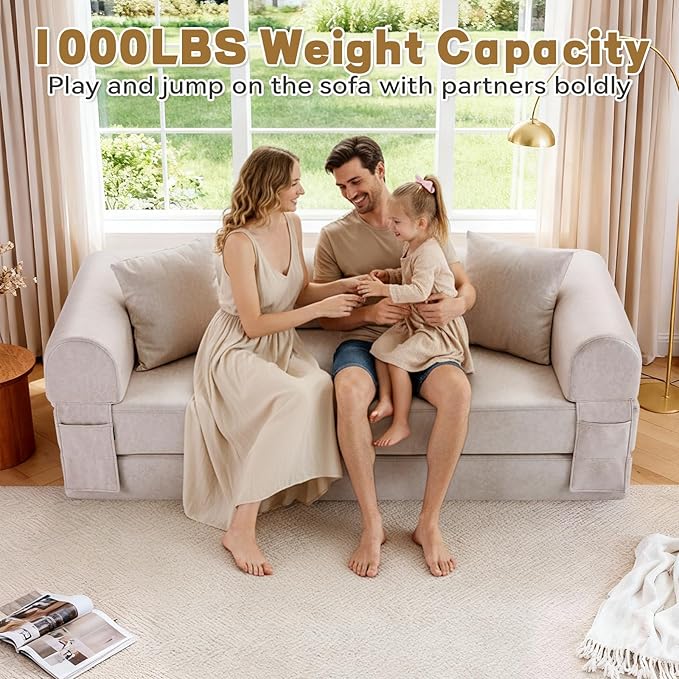 Convertible Sleeper Sofa Bed,78.5 Inch Faux Leather Futon Couch with Pillows & Storage Pocket,5-in-1 Folding Sofa Bed Queen with Pull Out Beds,Boneless Couches for Living Room,Couch in a Box,Beige