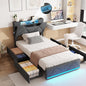 Vabches Twin Bed Frame with Storage Headboard and 4 Drawers,Upholstered Platform with Charging Station and Led Lights,Adjustable Headboard,No Box Spring Needed,Dark Grey